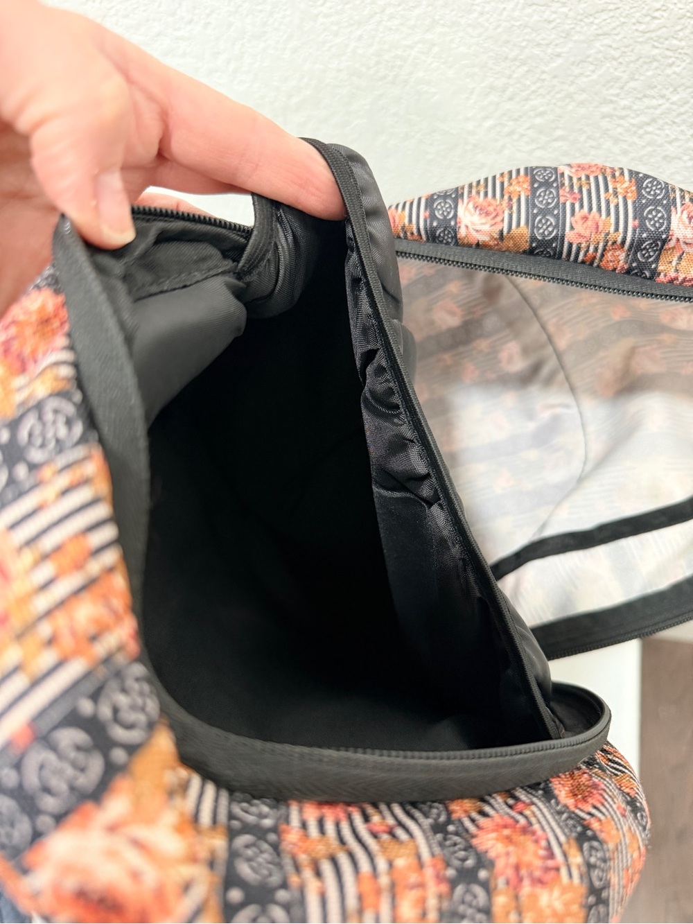 Volcom Black Floral Stripe Backpack with Orange Flowered Accents - Picture 6 of 8